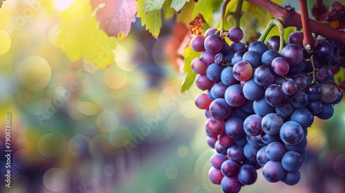 Ripe grape cluster on vine with vibrant bokeh
