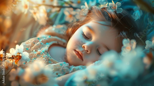 Dreamy cocoon: little one sleeps soundly, immersed in dream-inspired surroundings
