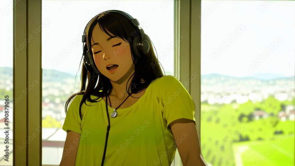 Anime girl listening to music dancing singing seamless loop animation ...