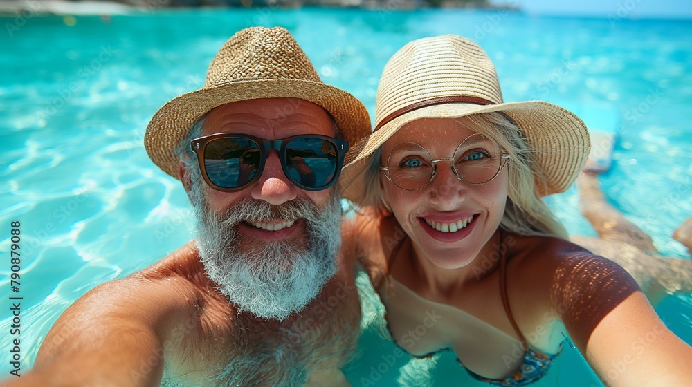 Joyful Elderly Couple Enjoying Summer Pool Time Together, Cheerful Vacation Moments Captured