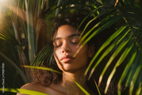 Young Woman Embracing Serenity Amidst Sunlit Tropical Foliage