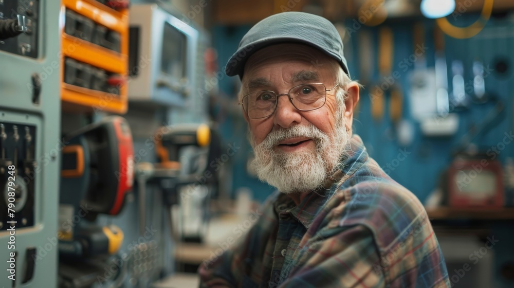 Senior man offering free repair services at a neighborhood tool library Senior man offering free repair services at a neighborhood tool library