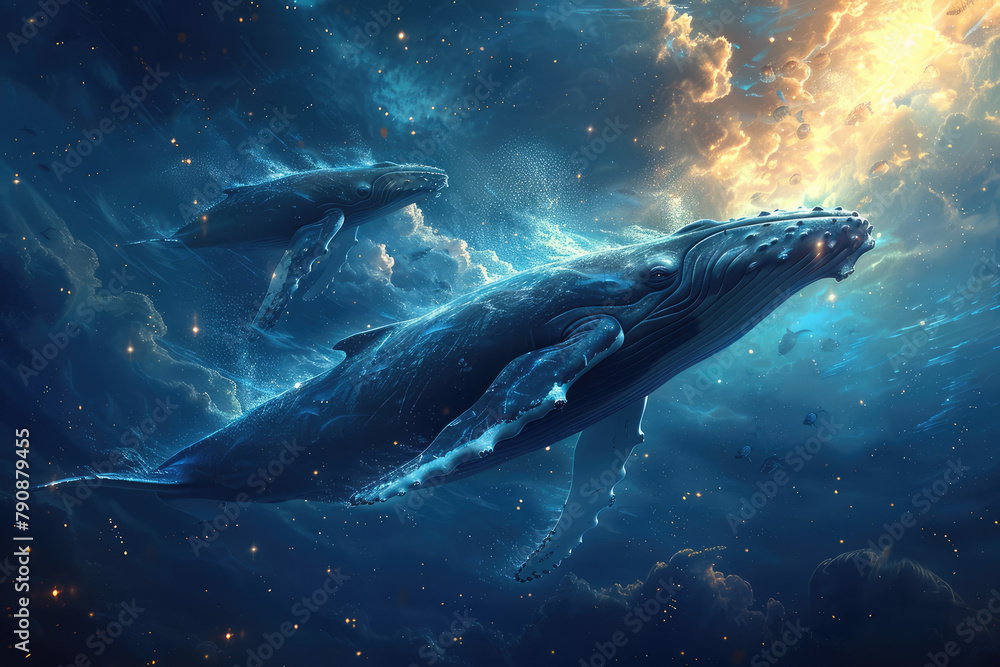 a whale is swimming under the water with the whale in the background