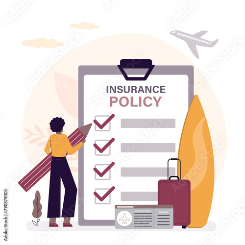 Female tourist fills out form and selects types of insurance. Online service offer trip route travel and medical insurance. Travelling by airplane safely.