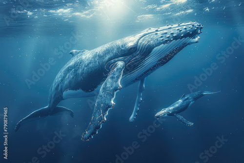 a whale is swimming under the water with the whale in the background © Kitta