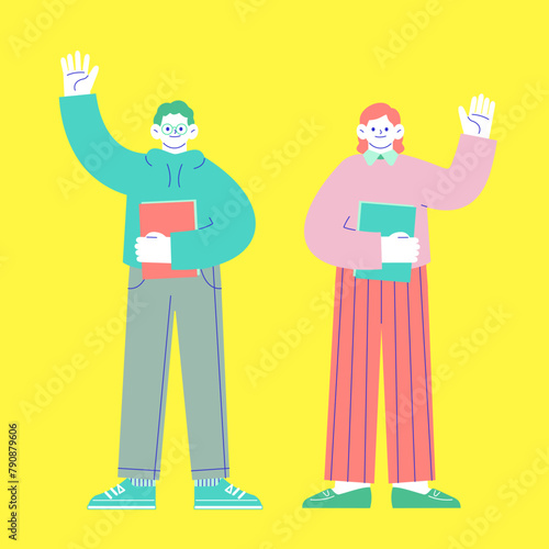 ファイルを抱えたメガネの男性と女性が手をあげて挨拶しているイラスト　白い背景に分離されたフラットなRGBのベクター素材