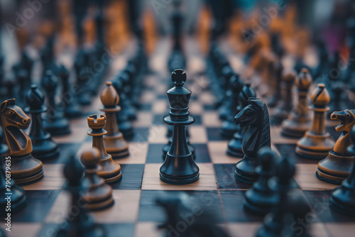 Chess pieces arranged on a chessboard, a strategy game concept to represent decisions in business strategy to find the best solution to achieve the set objectives and goals.