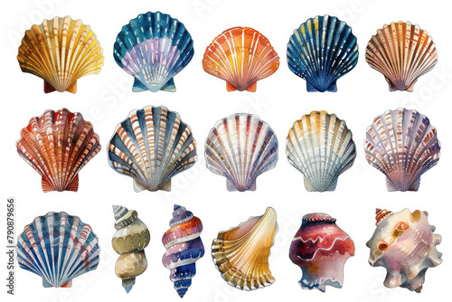 a collection of sea shells with different colors and designs