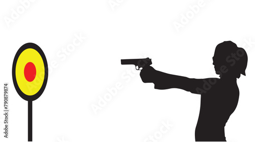 Silhouette woman holding a gun in both hands and ready to shoot, in vector illustration