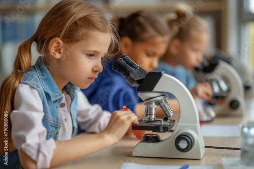Child scientist doing experiments in the laboratory With a microscope various groups of children, a small boy educational concept Child development in the early stages photo
