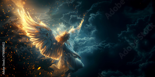 Angel mythology, a beautiful protecting angel spreading wings. Dramatic mythology vibe background, clouds and sunrays, representing good and evil. 