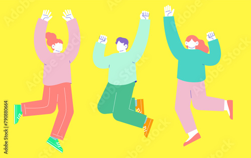 嬉しくてジャンプする男女3人のイラスト　白い背景に分離されたフラットなRGBのベクター素材