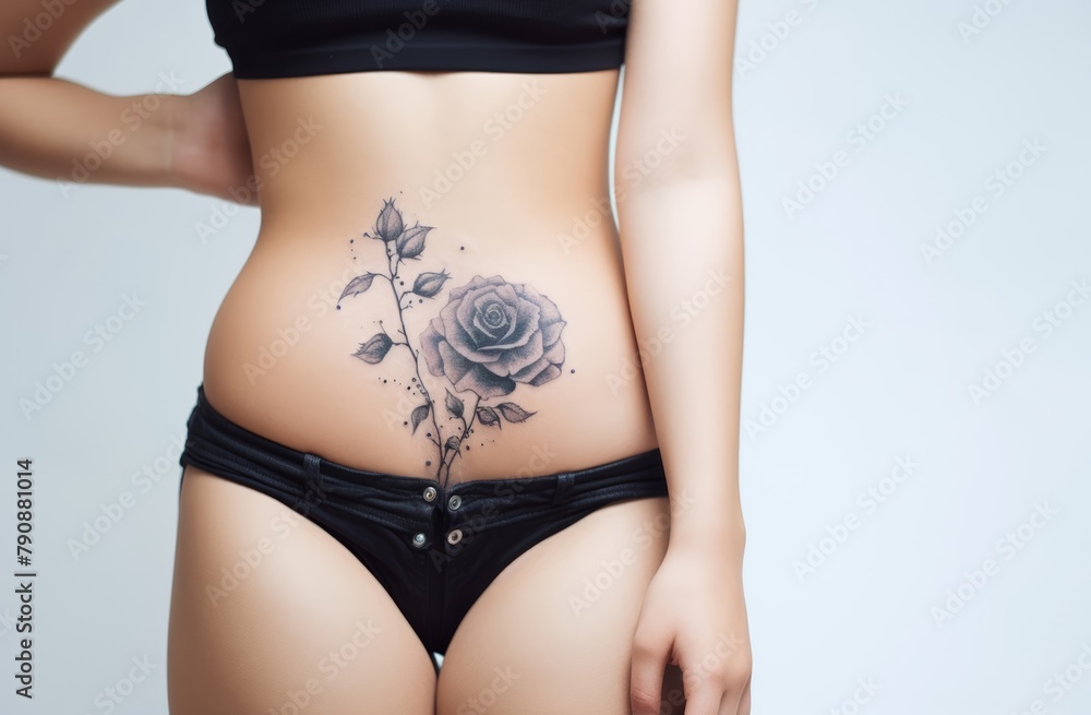 Close up detail of monochrome or black rose tattoo design  on a woman’s back. Generative AI.