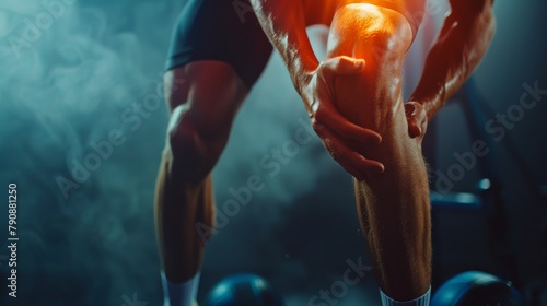 male athlete or spot male having knee injury due to ligament inflammation, man knee pain due to exercise, massage, muscle relaxation, rheumatoid arthritis, gait disturbance, rheumatoid arthritis