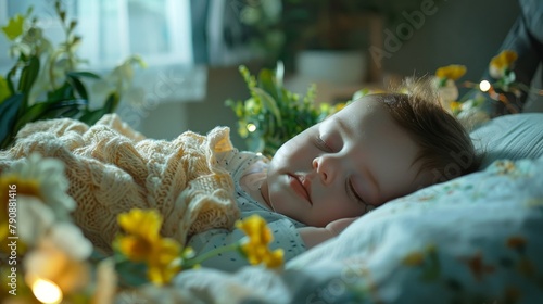 Tranquil slumber: darling infant rests peacefully in bed,  immersed in dream-inspired atmosphere photo