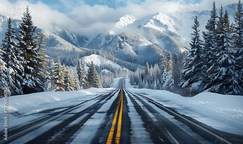 Create a photo of a road amidst snow-cleared mountains