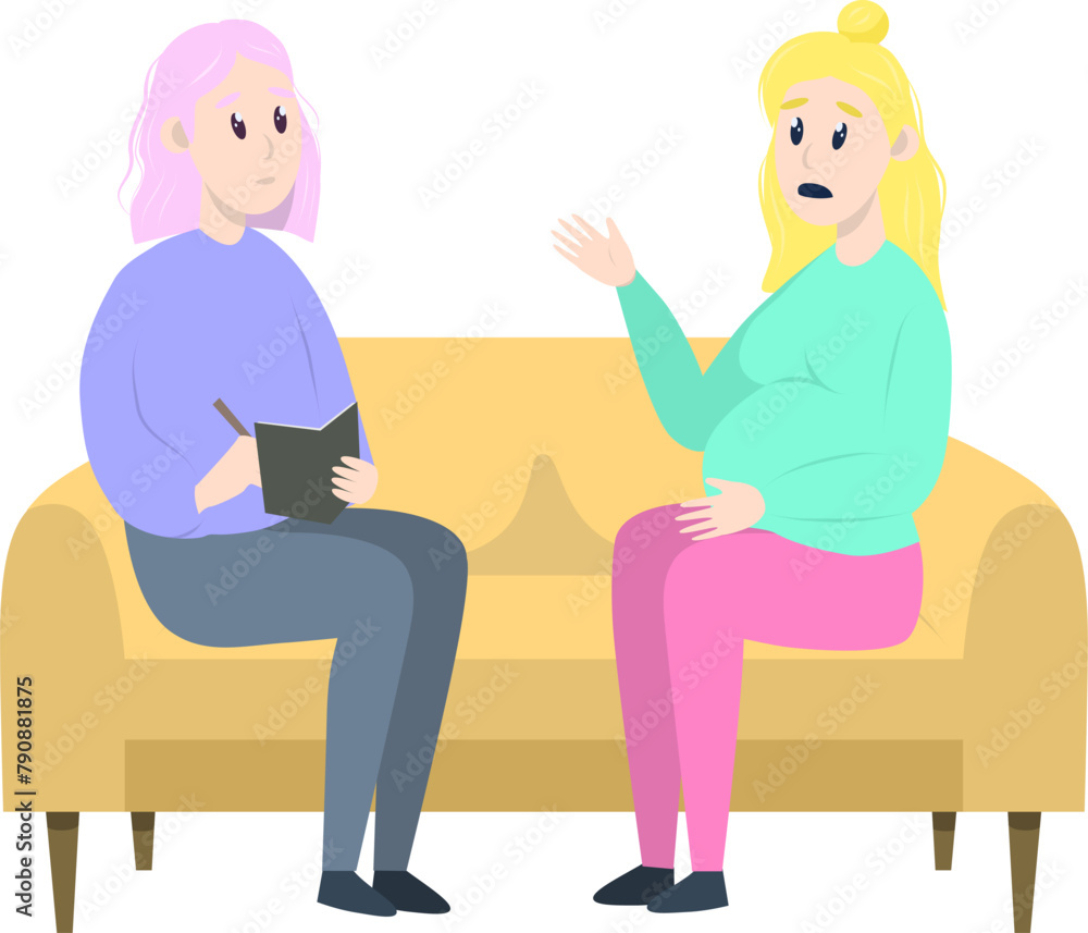 Psychotherapy session - pregnant woman talking to psychologist sitting on sofa. Mental health concept, vector illustration in flat style Psychotherapy session - pregnant woman talking to psychologist sitting on sofa. Mental health concept, vector illustration in flat style