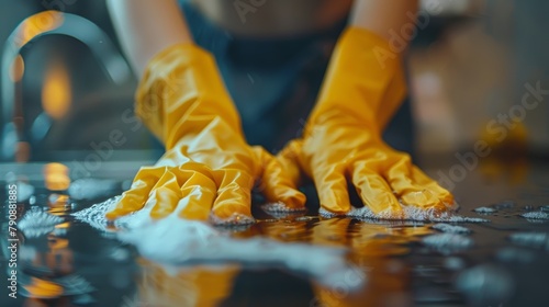 Close-up of hands in yellow cleaning gloves wiping down a reflective surface