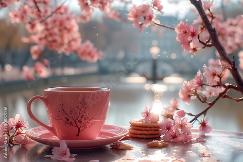 A pink cup of coffee, a few cookies, sakura on the table, close up, Palace of Versailles in Paris, grand sighs,