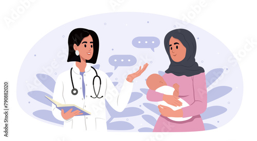 A pediatrician and a mother with a baby in her arms of different races and ages. National Pediatrician Day.