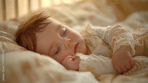 Bedtime bliss: angelic baby sleeps soundly,  surrounded by dreamy motifs in crib photo