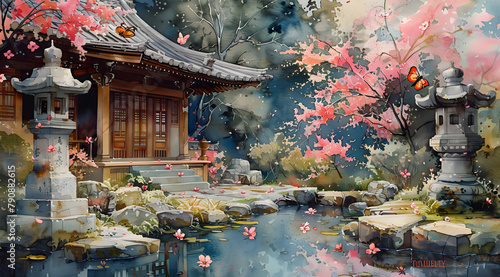 Pagoda Purity: Butterflies Among Cherry Blossoms in a Zen Garden Oasis
