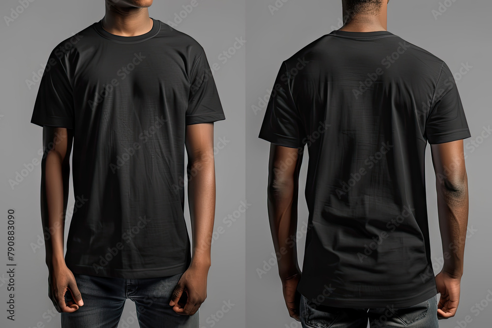 The man wore a plain black sports t-shirt. mockup t-shirt front view and back view The man wore a plain black sports t-shirt. mockup t-shirt front view and back view