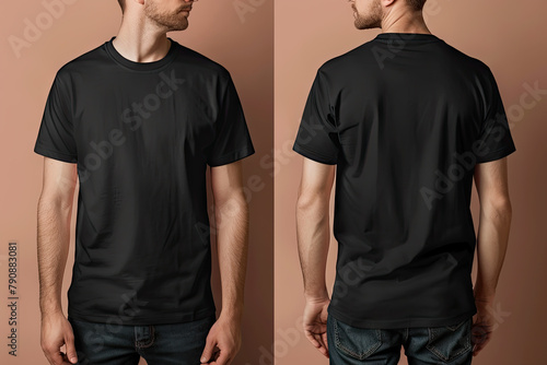 The man wore a plain black sports t-shirt. mockup t-shirt front view and back view