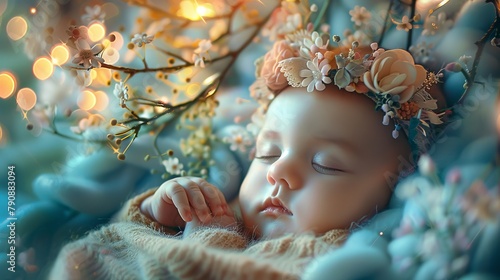 Tranquil dreams: cherubic baby peacefully sleeps,  embraced by whimsical dream-themed surroundings photo