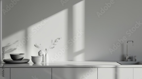 Close-up and high-resolution portrayal of a minimalist kitchen with stark white surfaces complemented by a soft grey background  emphasizing a clean and modern aesthetic