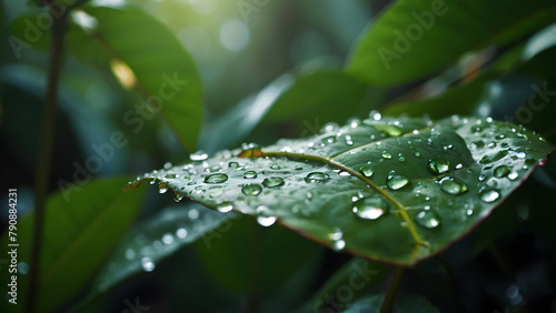 Fototapeta Naklejka Na Ścianę i Meble -  A green leaf with morning dew in a jungle