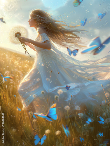 Graceful Freedom: Woman in White Dress with Dandelion and Butterfly