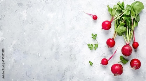 Top view of fresh radish on a white table for healthy meal preparation