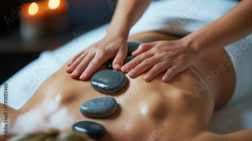 A massage therapist offering hot stone massage therapy to promote relaxation and stress relief. Beauty, health, reliability, team