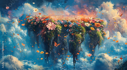 Floral Symphony: Dynamic Islands of Blooms Amidst Celestial Rings