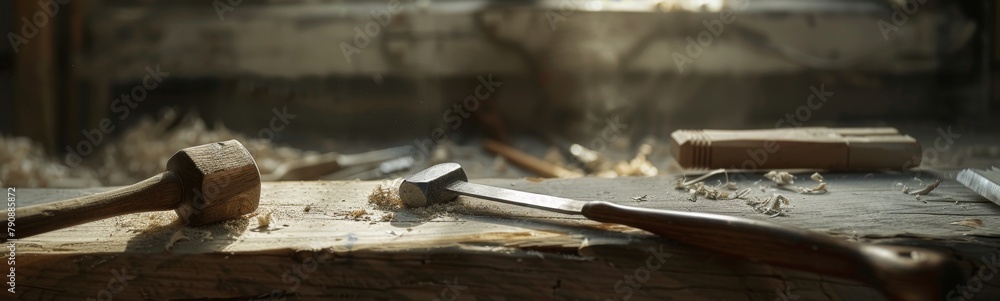 Two hammers on a piece of wood with a knife. Tolls background Two hammers on a piece of wood with a knife. Tolls background