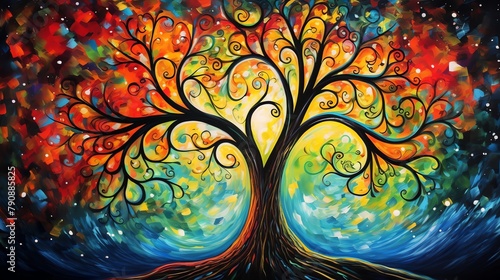 Abstract painting of the Tree of Lifevibrant swirls of color representing growth and connectivityset against a cosmic backdrop.