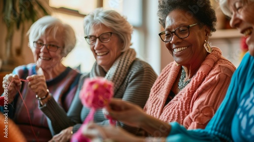 Senior women participating in a knitting circle, crafting and chatting photo