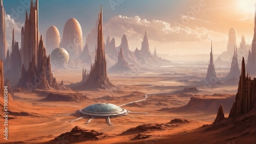 Futuristic marvels on Mars, Conceptual landscape art portraying a sprawling fantasy city amidst the distinct colors of the Martian terrain, hinting at a lost sci-fi civilization. #790885894
