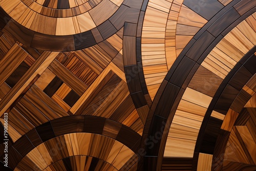 A wooden parquet floor with a complex geometric pattern. photo