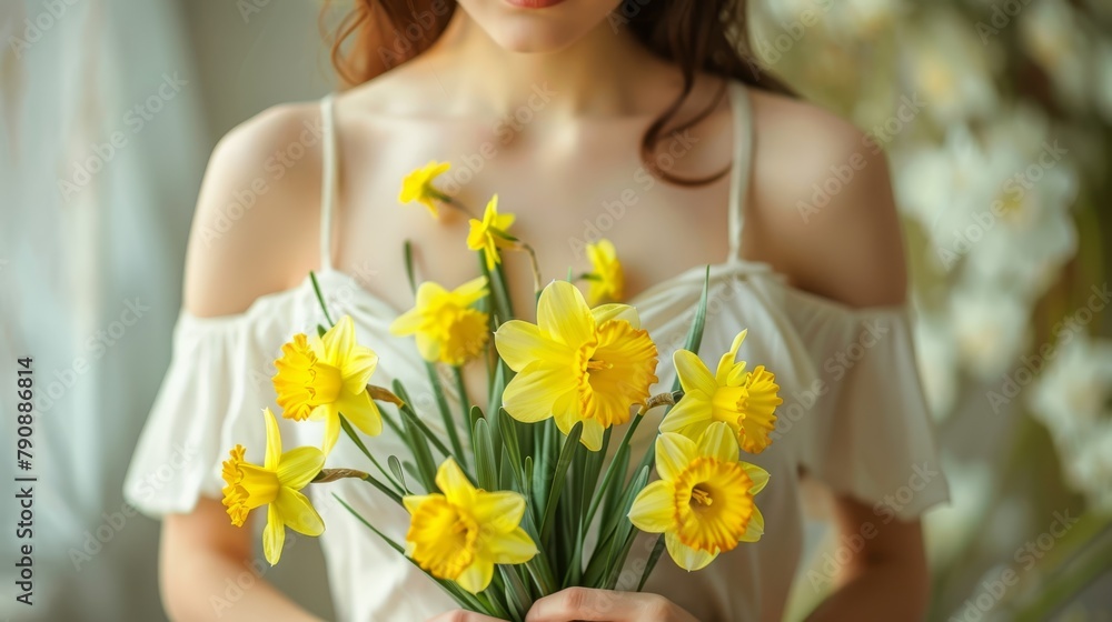 A woman in a white dress holds a bouquet of yellow daffodils before a white curtained backdrop A woman in a white dress holds a bouquet of yellow daffodils before a white curtained backdrop