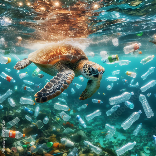 A water turtle swimming in the sea among plastic bags and bottles