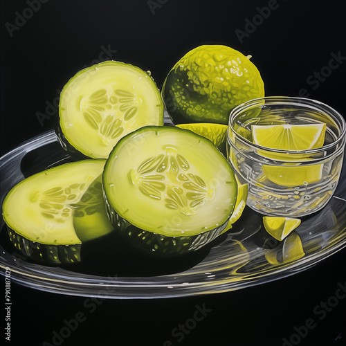 A still life with cucumber slices and a lime on a metal plate at night. Ingredients for a healthy detox drink or a cocktail. AI-generated
