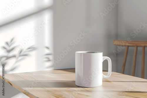 A plain white ceramic mug mock up on table
