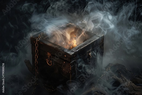 Smoke coming out of a chest with a candle inside. Magician concept background. 