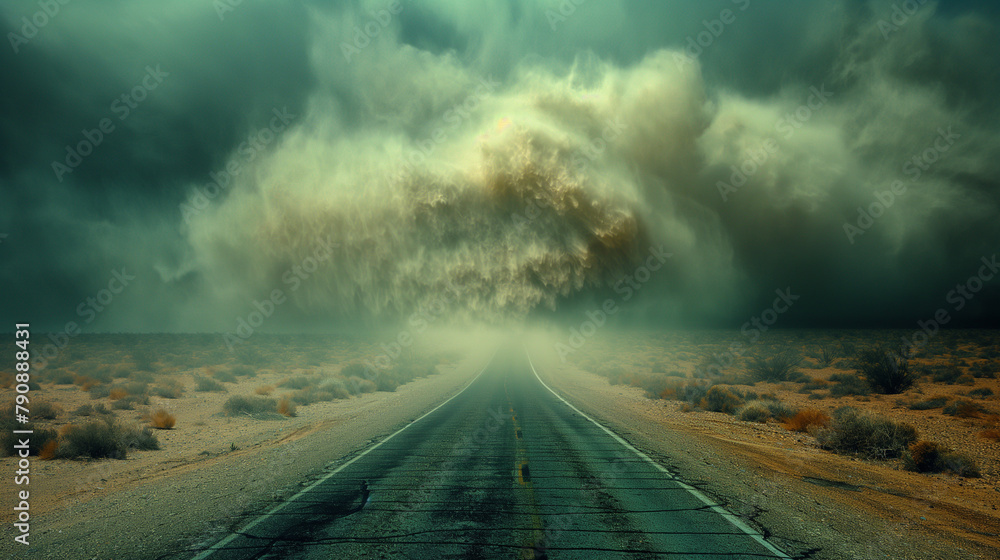 3. Lonely Desert Highway: An empty desert highway stretching into the distance, obscured by sheets of blowing sand and debris carried by a ferocious desert storm, creating an other