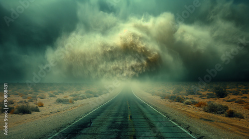 3. Lonely Desert Highway: An empty desert highway stretching into the distance, obscured by sheets of blowing sand and debris carried by a ferocious desert storm, creating an other