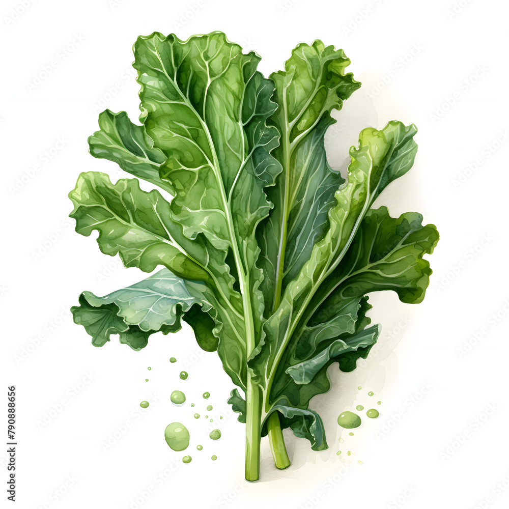 Fototapeta premium Kale cut, floating in wavy water, Top view, vegetable, watercolor illustration, single object, white background for removing background.