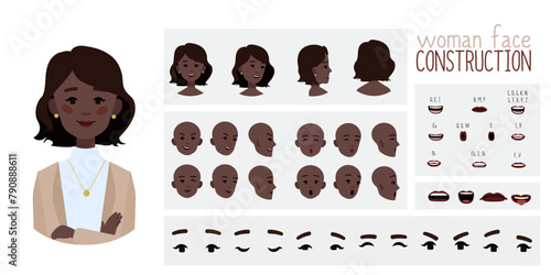 Business woman avatar creation  suitable for animation. Generator, constructor of diverse views of eyes, lips, emotion expressions mouth animation and lip sync. Girl character face construction. 