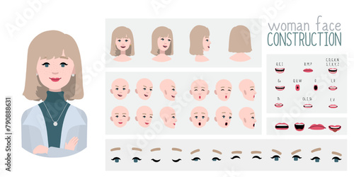 Business woman avatar creation  suitable for animation. Generator, constructor of diverse views of eyes, lips, emotion expressions mouth animation and lip sync. Girl character face construction. 